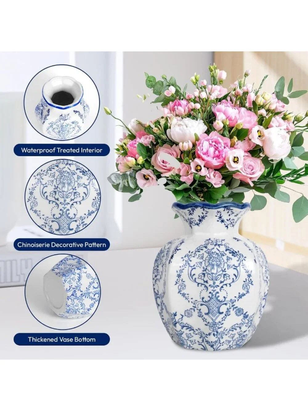 Chinoiserie Blue & White Ceramic Vase - 5.9” Vintage Home Decor for Flowers